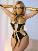 Golden Ninja Warrior Cosplay Lingerie Set with Bodysuit & Mask 5Pcs - Image 6