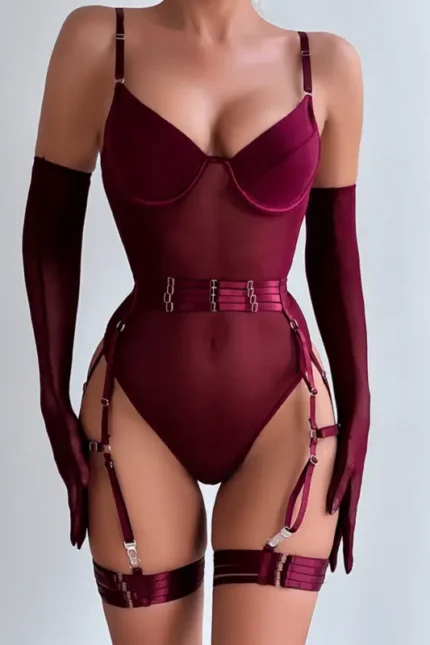 Sheer Mesh Garter Bodysuit with Gloves Sexy Lingerie Set