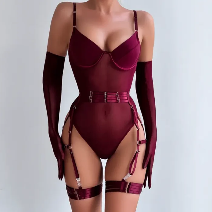 Sheer Mesh Garter Bodysuit with Gloves Sexy Lingerie Set - Image 1