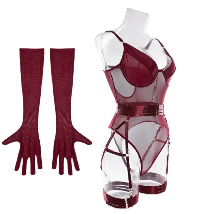 Sheer Mesh Garter Bodysuit with Gloves Sexy Lingerie Set - Image 11