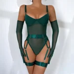 Sheer Mesh Garter Bodysuit with Gloves Sexy Lingerie Set - Image 13