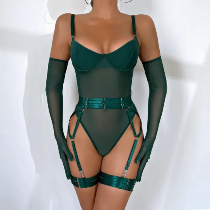 Sheer Mesh Garter Bodysuit with Gloves Sexy Lingerie Set - Image 13
