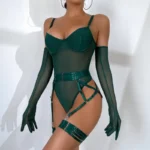 Sheer Mesh Garter Bodysuit with Gloves Sexy Lingerie Set - Image 17