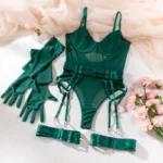 Sheer Mesh Garter Bodysuit with Gloves Sexy Lingerie Set - Image 19