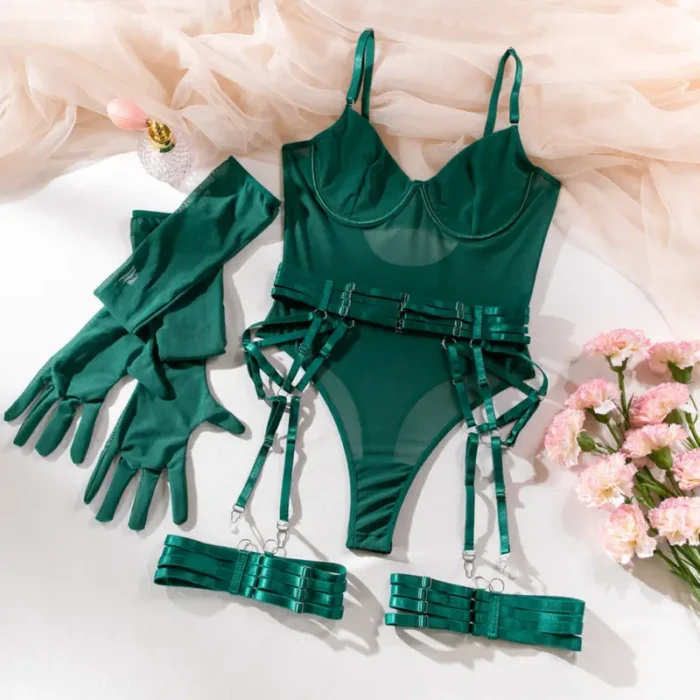 Sheer Mesh Garter Bodysuit with Gloves Sexy Lingerie Set - Image 19