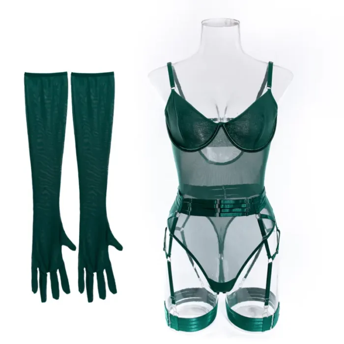 Sheer Mesh Garter Bodysuit with Gloves Sexy Lingerie Set - Image 20