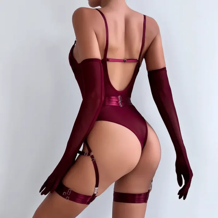 Sheer Mesh Garter Bodysuit with Gloves Sexy Lingerie Set - Image 3