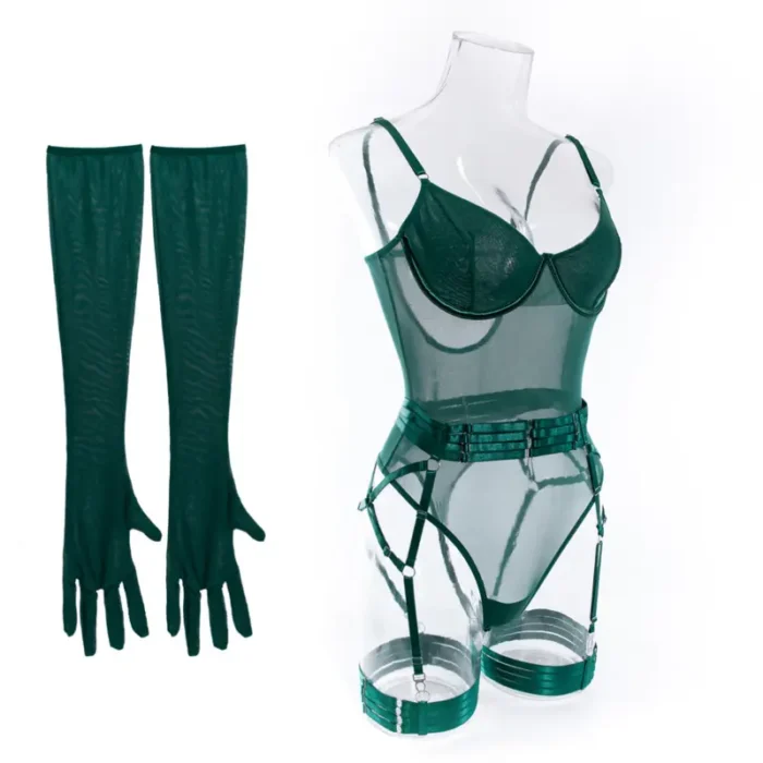 Sheer Mesh Garter Bodysuit with Gloves Sexy Lingerie Set - Image 21