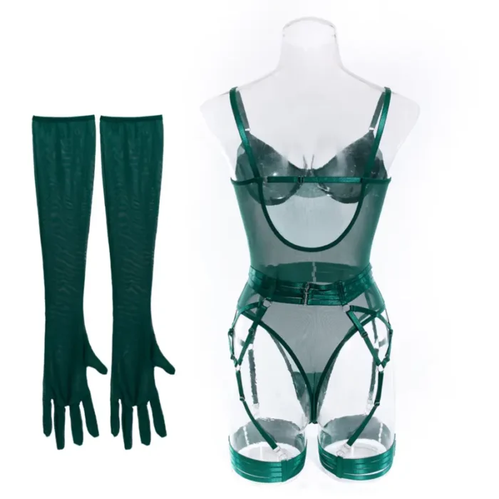 Sheer Mesh Garter Bodysuit with Gloves Sexy Lingerie Set - Image 22