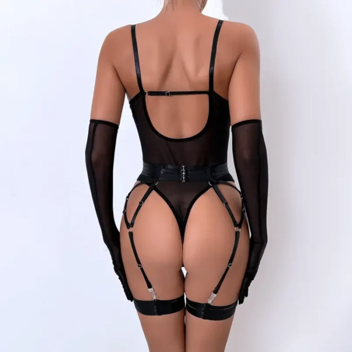 Sheer Mesh Garter Bodysuit with Gloves Sexy Lingerie Set - Image 26