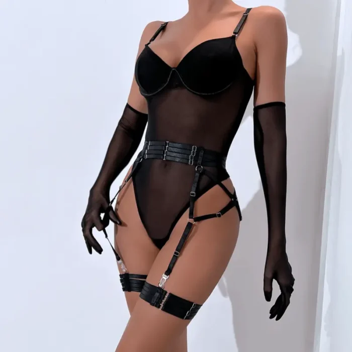 Sheer Mesh Garter Bodysuit with Gloves Sexy Lingerie Set - Image 28