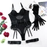 Sheer Mesh Garter Bodysuit with Gloves Sexy Lingerie Set - Image 29