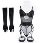 Sheer Mesh Garter Bodysuit with Gloves Sexy Lingerie Set - Image 30