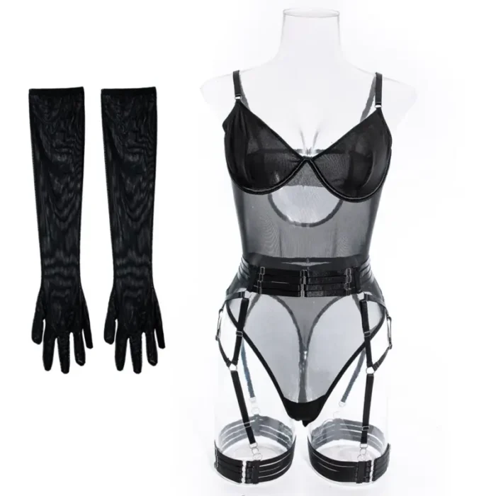 Sheer Mesh Garter Bodysuit with Gloves Sexy Lingerie Set - Image 30