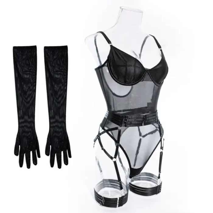 Sheer Mesh Garter Bodysuit with Gloves Sexy Lingerie Set - Image 31