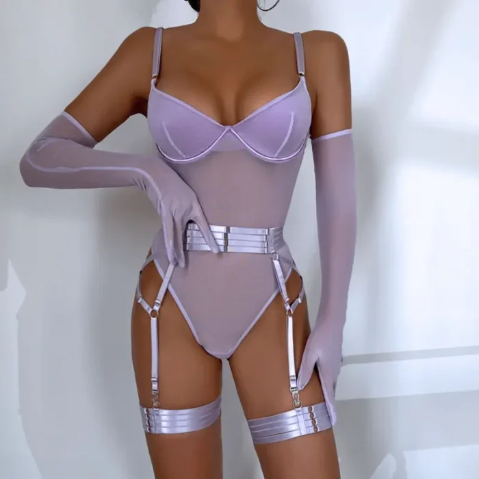 Sheer Mesh Garter Bodysuit with Gloves Sexy Lingerie Set - Image 33