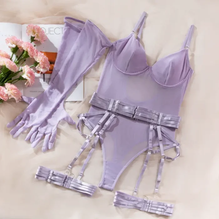 Sheer Mesh Garter Bodysuit with Gloves Sexy Lingerie Set - Image 39