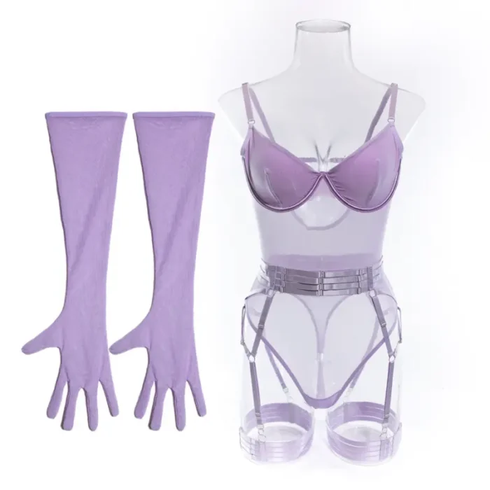 Sheer Mesh Garter Bodysuit with Gloves Sexy Lingerie Set - Image 40