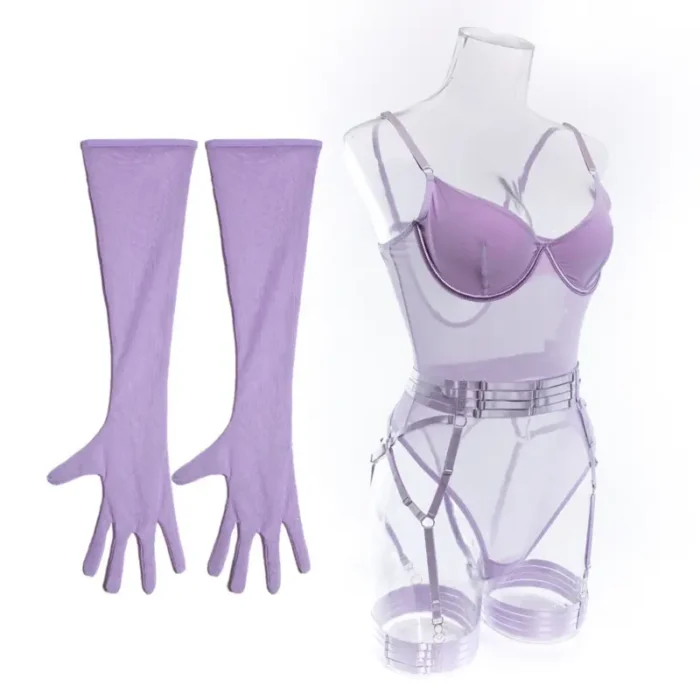 Sheer Mesh Garter Bodysuit with Gloves Sexy Lingerie Set - Image 41