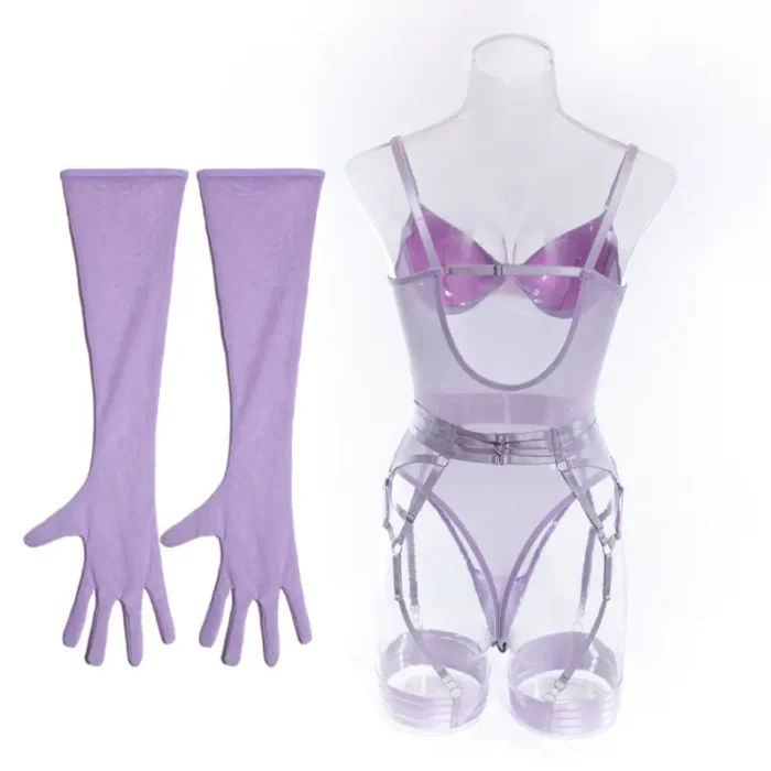 Sheer Mesh Garter Bodysuit with Gloves Sexy Lingerie Set - Image 42