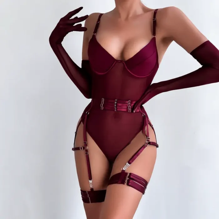 Sheer Mesh Garter Bodysuit with Gloves Sexy Lingerie Set - Image 7