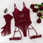 Sheer Mesh Garter Bodysuit with Gloves Sexy Lingerie Set - Image 9