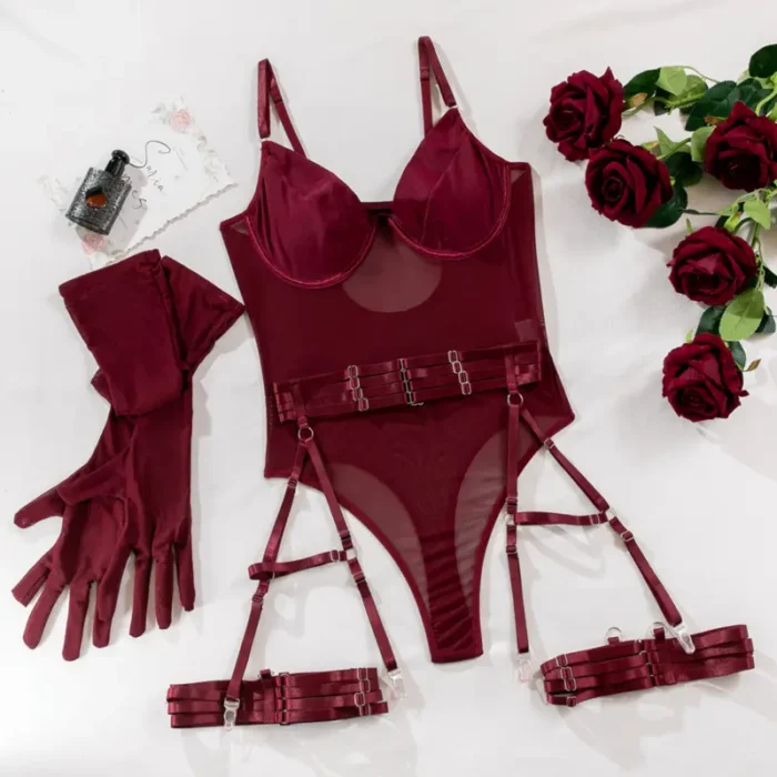 Sheer Mesh Garter Bodysuit with Gloves Sexy Lingerie Set - Image 9