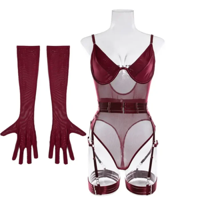 Sheer Mesh Garter Bodysuit with Gloves Sexy Lingerie Set - Image 10