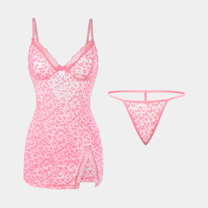 Leopard Lace Trim Babydoll With Thong Lingerie Set Sexy Slit Nightdress - Image 7