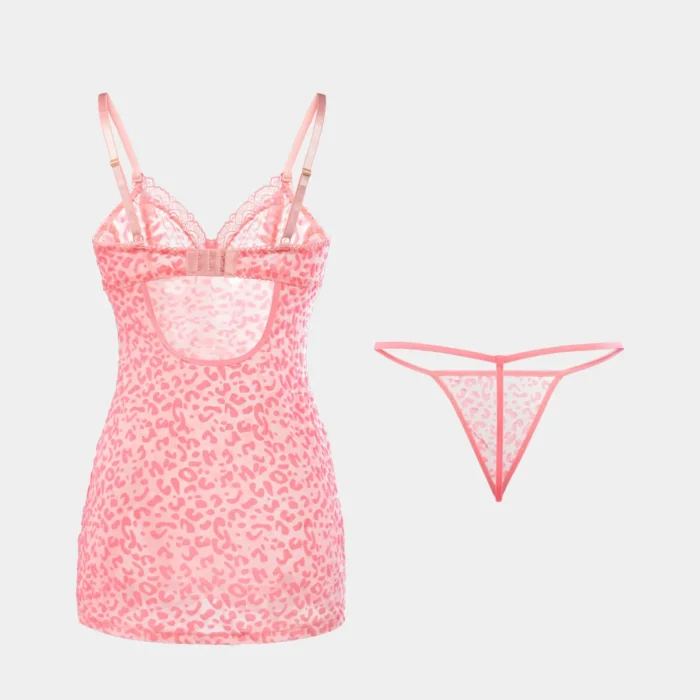 Leopard Lace Trim Babydoll With Thong Lingerie Set Sexy Slit Nightdress - Image 8