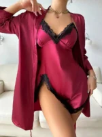 Satin Lace Trim Nightdress Set with Robe