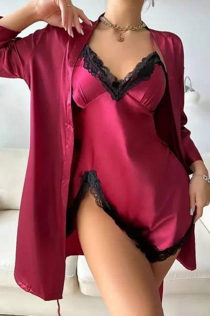 Satin Lace Trim Nightdress Set with Robe