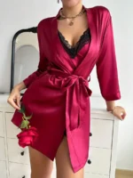 Satin Lace Trim Nightdress Set with Robe - Image 6