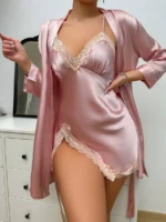 Satin Lace Trim Nightdress Set with Robe - Image 8