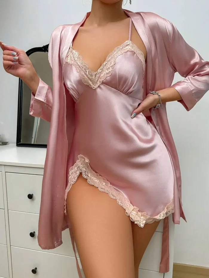Satin Lace Trim Nightdress Set with Robe - Image 8