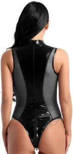 Faux Leather One-Piece Bodysuit Nightclub Women Sexy Wetlook Lingerie - Image 10