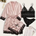 Satin Lace 4-Piece Lingerie Set with Robe