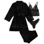 Satin Lace 4-Piece Lingerie Set with Robe - Image 13