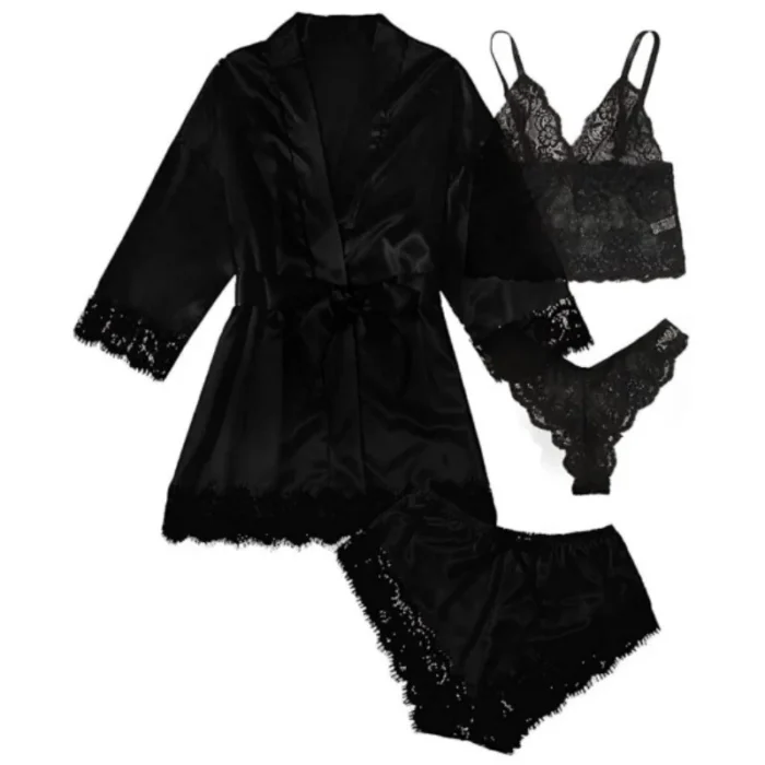 Satin Lace 4-Piece Lingerie Set with Robe - Image 13