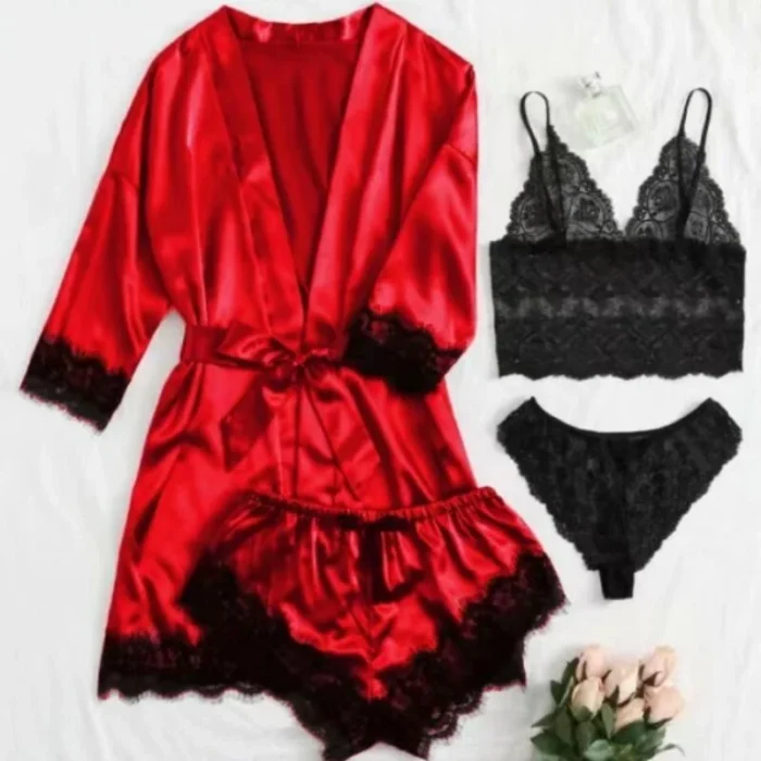 Satin Lace 4-Piece Lingerie Set with Robe - Image 10