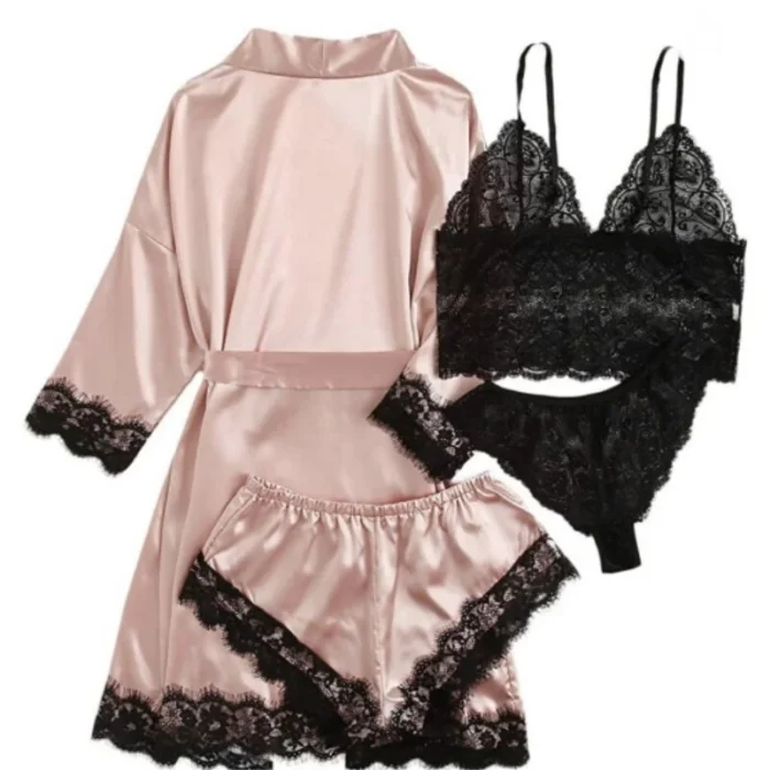 Satin Lace 4-Piece Lingerie Set with Robe - Image 3