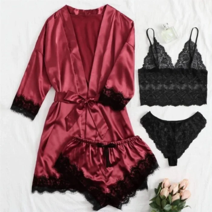 Satin Lace 4-Piece Lingerie Set with Robe - Image 7