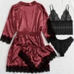 Satin Lace 4-Piece Lingerie Set with Robe - Image 8