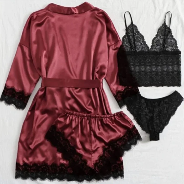 Satin Lace 4-Piece Lingerie Set with Robe - Image 8