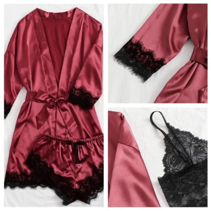 Satin Lace 4-Piece Lingerie Set with Robe - Image 9