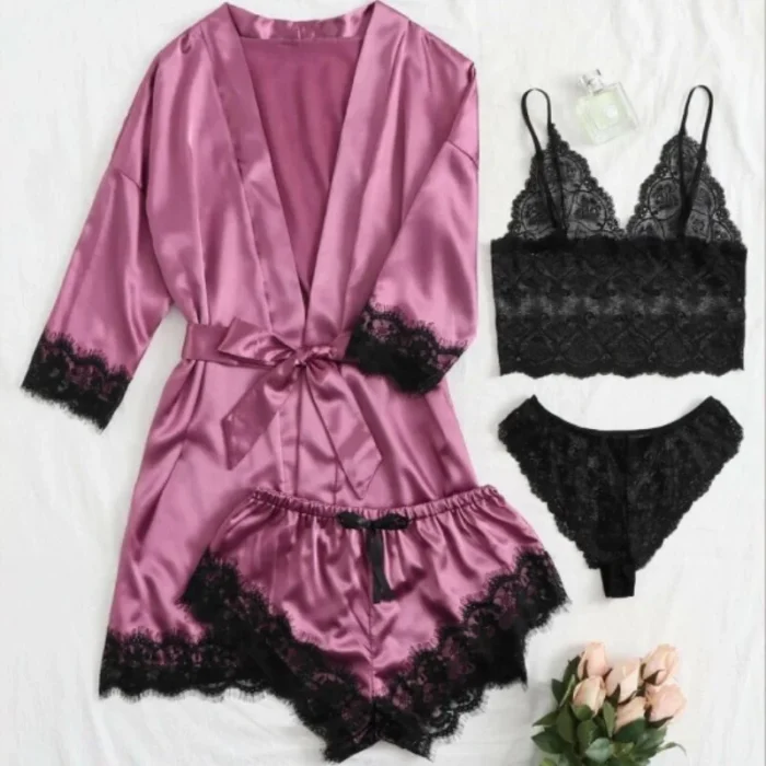 Satin Lace 4-Piece Lingerie Set with Robe - Image 4