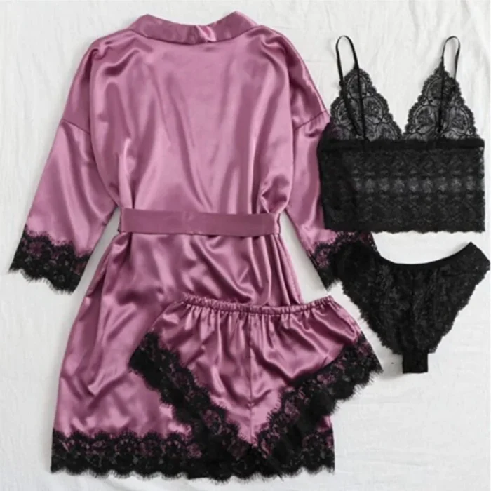 Satin Lace 4-Piece Lingerie Set with Robe - Image 5