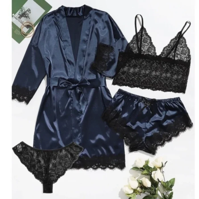 Satin Lace 4-Piece Lingerie Set with Robe - Image 11