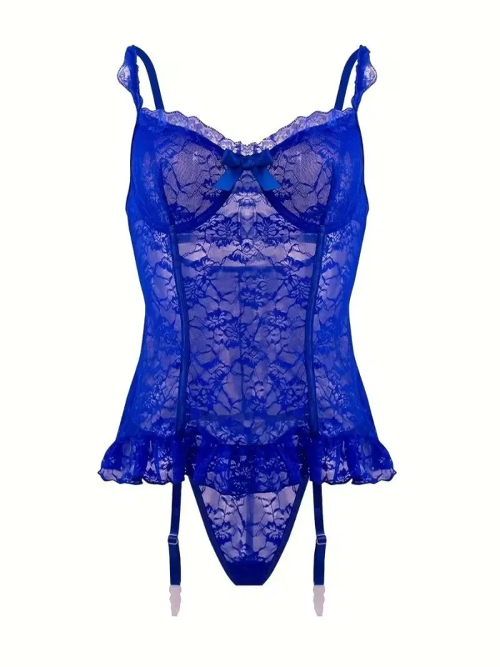 4 Pcs Lace Garter Corset Lingerie Set With Garter Belt & Thong & Stockings - Image 6