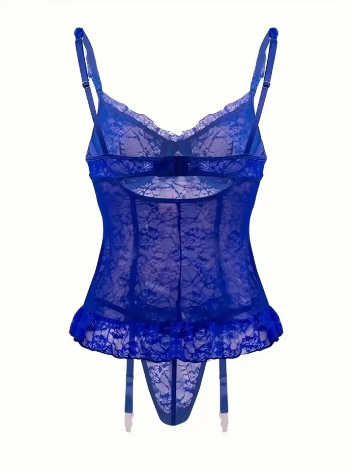 4 Pcs Lace Garter Corset Lingerie Set With Garter Belt & Thong & Stockings - Image 7